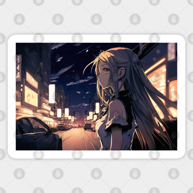 Cute Anime Girl at Night in Tokyo Crossing Street - Anime Wallpaper Sticker by KAIGAME Art